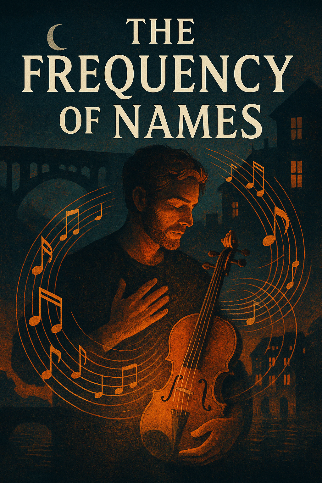 Barefoot figure on wooden floor in a dim hall as golden sound-waves ripple; river glows through windows — “The Frequency of Names.”