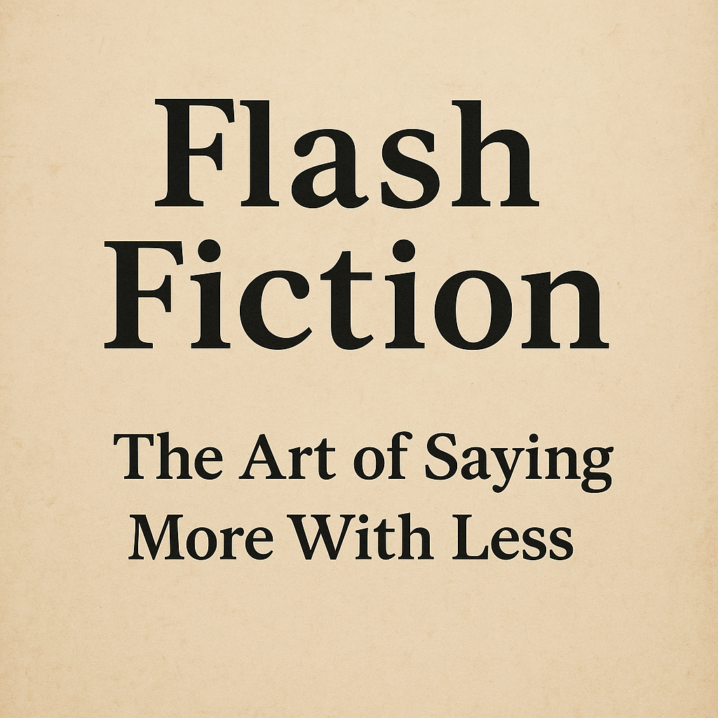 Text-based display image with the title "Flash Fiction: The Art of Saying More With Less" in bold serif font on a vintage parchment-style background.