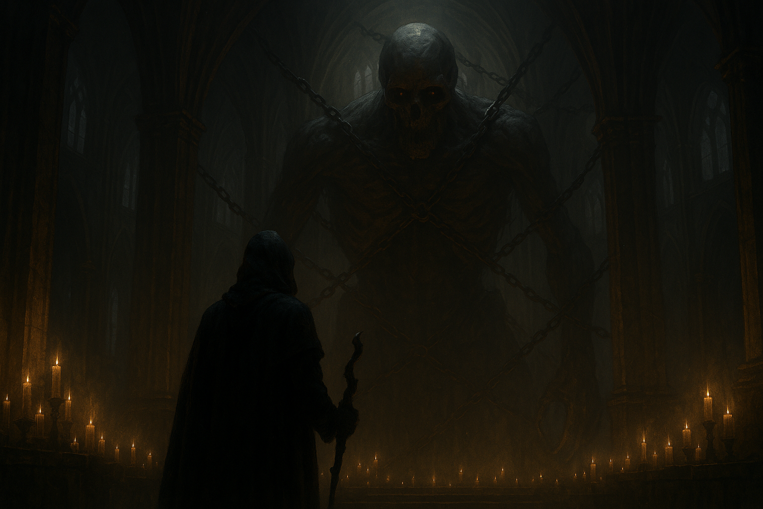 Silhouetted apprentice faces a chained skeletal titan in a candlelit Gothic cathedral.